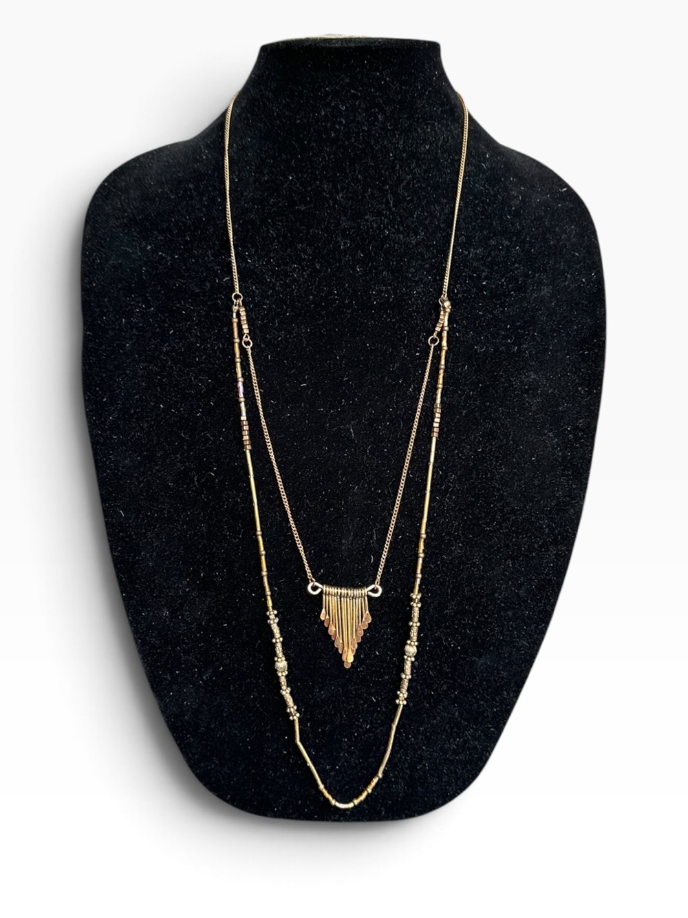 Bohemian Gold Tiered Fringe Fan Pendant Bead Necklace